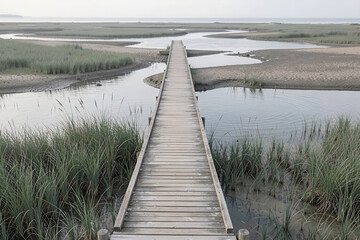 Fototapeta premium Narrow wooden footbridge in a quiet salt marsh toward a still tidal channel