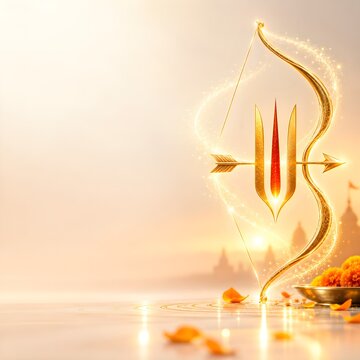 Dussehra Festive Bow and Arrow with Sacred Tilak Symbol and Glowing Golden Light Decoration