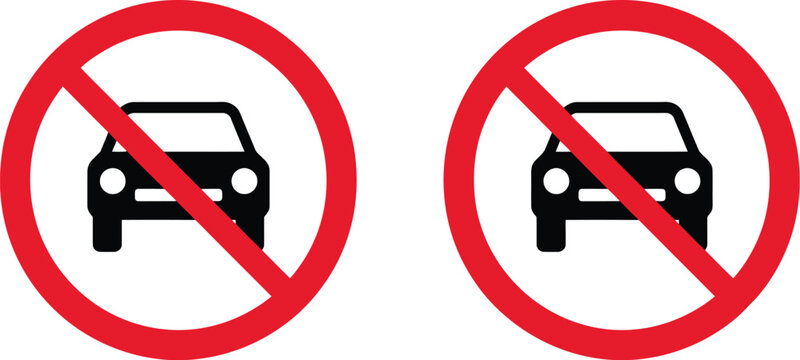 No entry, no parking traffic sign icon set, red prohibition symbols with cars, road restriction signs, parking control, vehicle regulations and safety guidance.