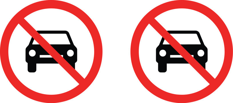 No entry, no parking traffic sign icon set, red circular prohibition signs with car symbols, traffic restrictions, parking regulations, road safety and vehicle control.