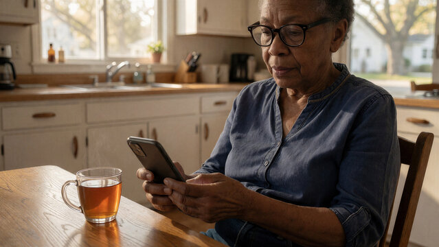 Eine &auml;ltere Frau nutzt selbstst&auml;ndig moderne Technik im Alltag. Das Bild eignet sich f&uuml;r digitale Teilhabe, Senioren, Kommunikation und selbstst&auml;ndiges Leben im Alter.