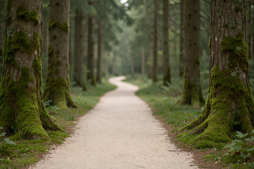 Fototapeta premium narrow earthen trail through a mossy temperate forest leading to a softly lit opening