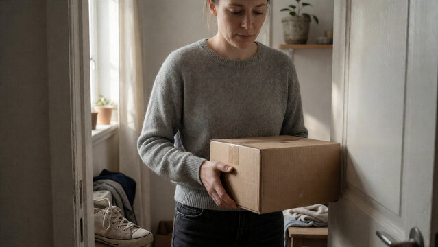 Eine Frau entdeckt einen kleinen Schaden an einer frisch gelieferten Bestellung. Das Motiv eignet sich f&uuml;r Onlinehandel, Lieferungen, Reklamationen und Verbraucherschutz.