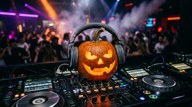Glowing carved Halloween pumpkin wearing headphones on professional DJ equipment in a crowded nightclub