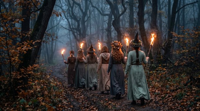 Six mysterious women carrying burning torches through a dark misty forest during an autumn witch ritual