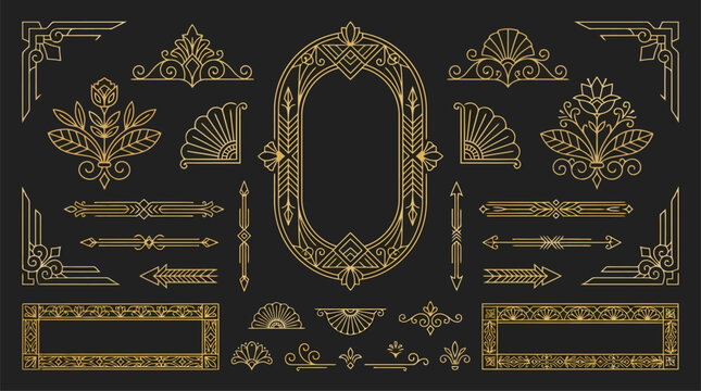 Art deco gold decorative elements and frames set
