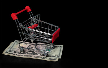 Shopping cart resting on stack of five dollar bills  © Kenneth Arrieta 