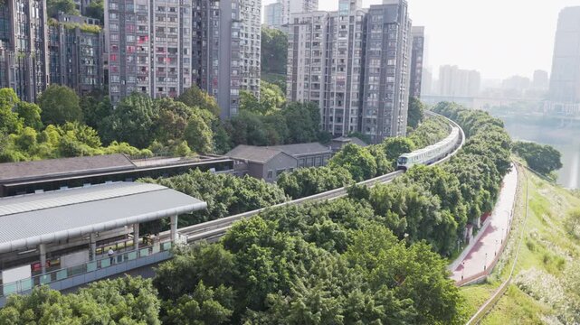 Chongqing Light Rail Line 2 approaching station, popular tourist city view in Chongqing, China