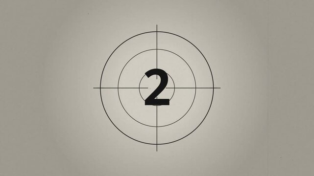 A classic vintage film countdown leader transitioning from five down to zero, featuring crosshairs and target lines on a textured neutral background.