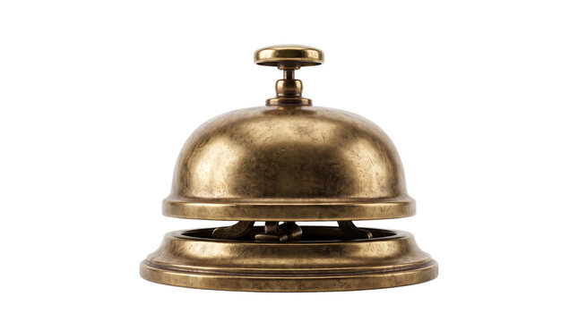 Antique brass call bell photographed from a low three-quarter angle, highlighting its domed shape, polished button and warm aged metallic patina. Isolated on White background.