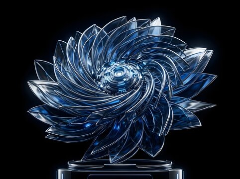 Intricate Futuristic Metallic Turbine Blade Assembly with Hypnotic Swirling Design and High-Tech