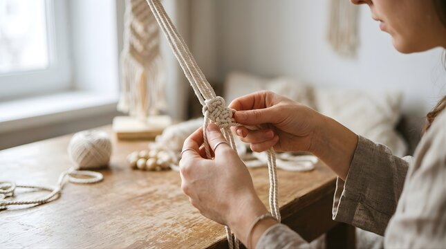 Woman hands creating macrame knotting with white cotton cord on wooden table