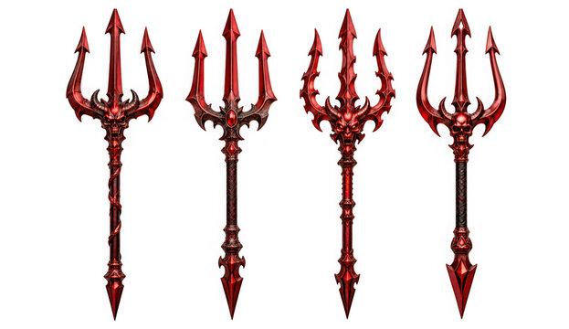 Set of four ornate red demonic tridents isolated on transparent background