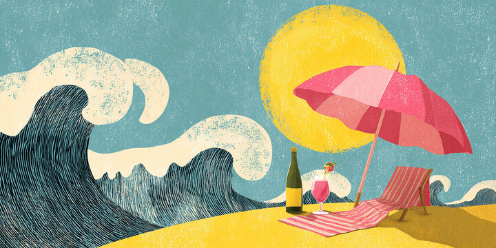 Stylized retro beach illustration with pink umbrella, lounge chair, cocktail, bottle, yellow sun and towering ocean waves