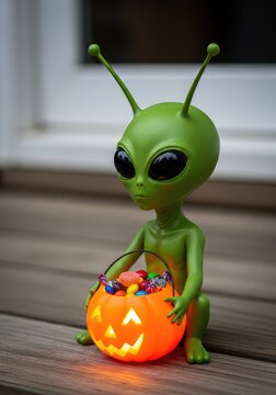 A small green alien with large eyes and antennae sits on a wooden porch holding a glowing carved pumpkin bucket filled with colorful candy, antenna, spooky, atmosphere