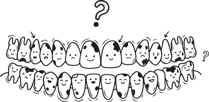 Funny black and white outline vector illustration of healthy and decayed teeth characters with question marks for dental health