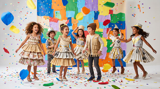 Group of diverse children dancing and laughing in handmade paper costumes, colorful confetti falling, bright studio background. Celebration, childhood joy, creativity, fashion design.