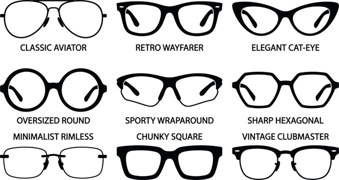 Eyewear Glasses Frame Type Silhouette Icon Set with Classic Aviator Retro Wayfarer Cat Eye and Round Shapes for Optometry Office and Fashion Retail Infographic Designs