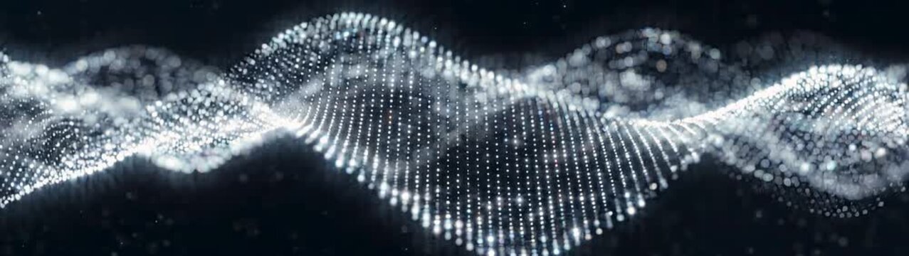 Data visualization and digital connectivity concept glowing white particle wave flowing in dark space abstract technology background with motion.
