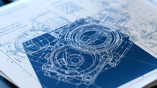 Detailed engineering blueprint showing a complex industrial gearbox assembly, mechanical design project, technical schematic, precision engineering, with copy space