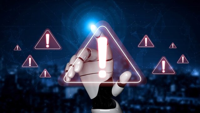 AI monitors network to issue real-time alerts for cybersecurity incident. Alert warning showing red cyber for data breach, network threat, emphasis on security risk, caution, digital protection Marrow