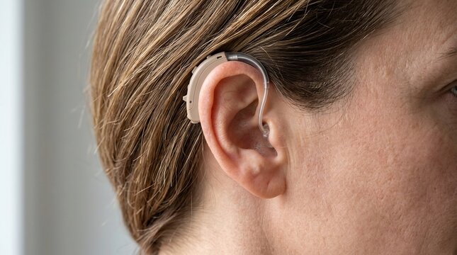 Close-up of a beige behind the ear hearing aid device on a person's ear and side of head profile