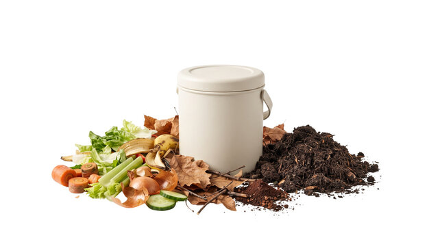 Kitchen compost bin with organic food waste and fertile soil, sustainable recycling of vegetable scraps and dry leaves, eco-friendly gardening concept