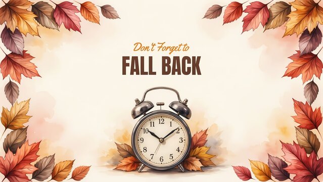 Alarm clock with colorful autumn leaves border and fall back text for daylight saving time