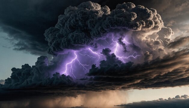 A massive thundercloud illuminated from the inside by violent purple lightning bolts, dramatic cinematic lighting.  