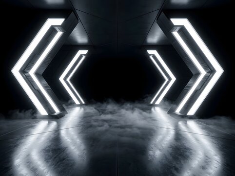 Minimalist futuristic corridor featuring symmetrical glowing white structural beams converging into