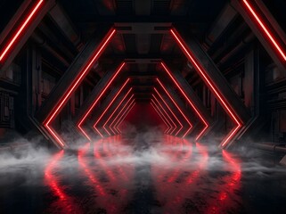 Fototapeta premium Mysterious futuristic corridor illuminated by striking red neon beams converging into a mesmerizing