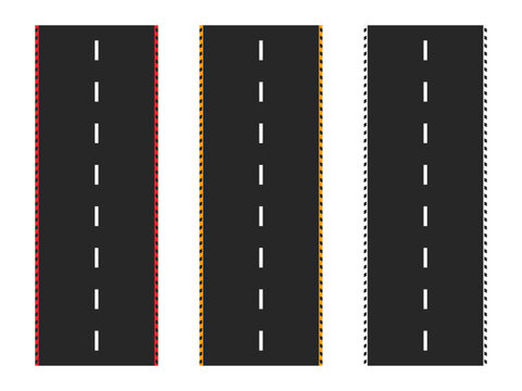 Race track road elements collection with red, yellow, and black curbs vector illustration.