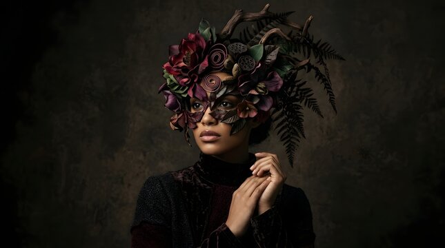 Elegant young woman wearing floral botanical headpiece mask and dark velvet dress