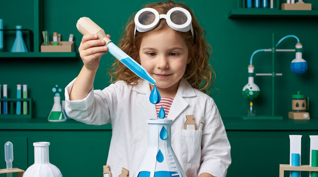 Young girl dressed as scientist using pipette to drop blue liquid into flask in laboratory setting, science experiment concept. Education, learning, chemistry, childhood discovery.