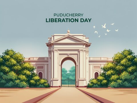 Puducherry liberation day illustration with aayi mandapam monument and trees