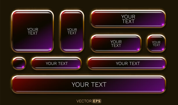 Modern glossy buttons and banners with gradient and golden frame.