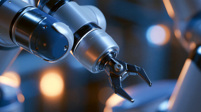 Industrial robotic arm with gripper, metallic gray finish, automation technology, manufacturing equipment, with copy space