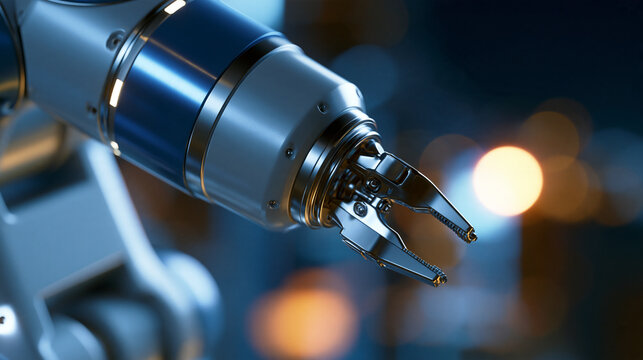 Industrial robotic arm with gripper, metallic gray finish, automation technology, manufacturing equipment, with copy space