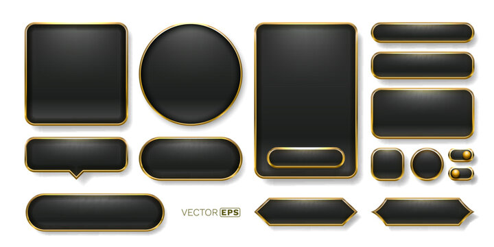 Elegant black and gold button and frame collection, perfect for a luxurious UI design.