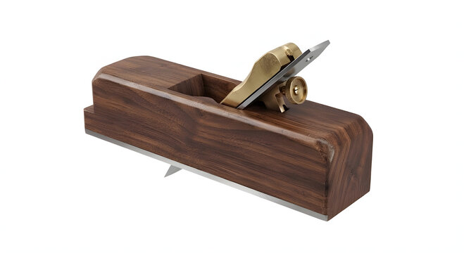 Premium wooden hand plane with brass hardware and sharp steel blade isolated on a clean white background.