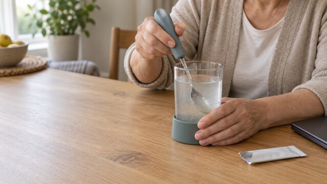 Senior stirring supplement into water with adaptive spoon
