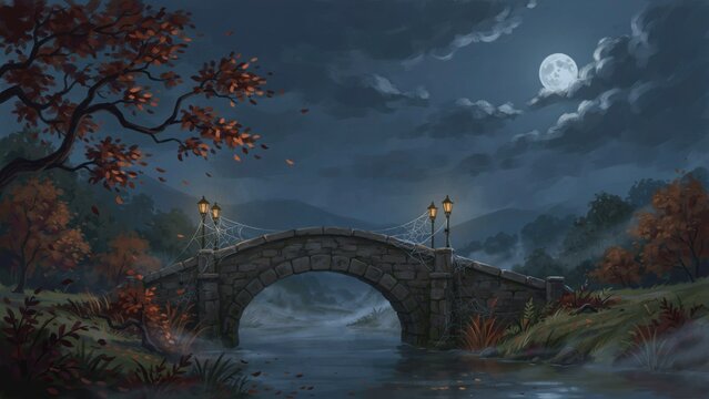A mystical stone bridge illuminated by glowing lanterns under a full autumn moon