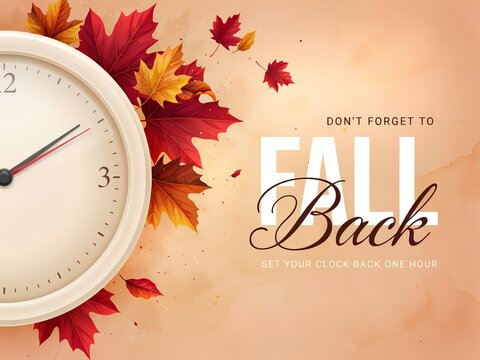 Clock with colorful autumn maple leaves and fall back text message for daylight saving time change