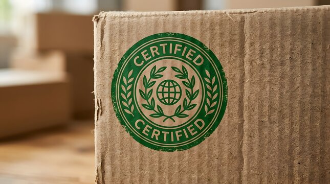 Green Certified Stamp Imprint on Brown Cardboard Shipping Box Surface