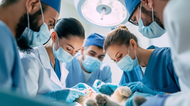 Veterinary Surgeons Performing Surgery on Cat under Bright Operating Light