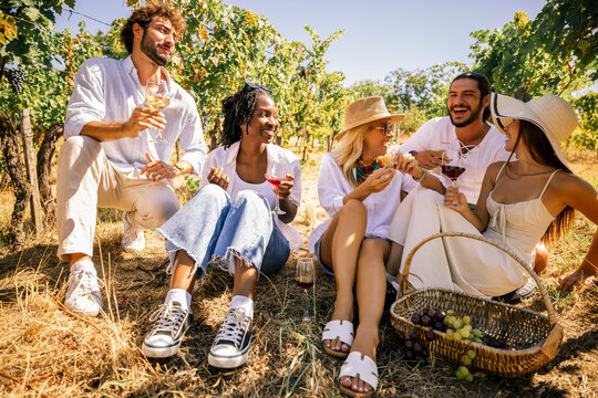 Group of friends sharing wine and enjoying a vineyard picnic