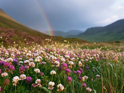 Colorful clover meadow under a rainbow in the mountains