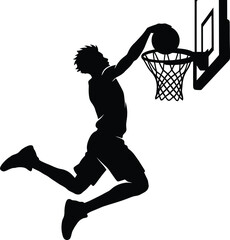 Basketball player dunking silhouette, male athlete jumping to score a slam dunk, black and white sports vector illustration for team logos © Huraira