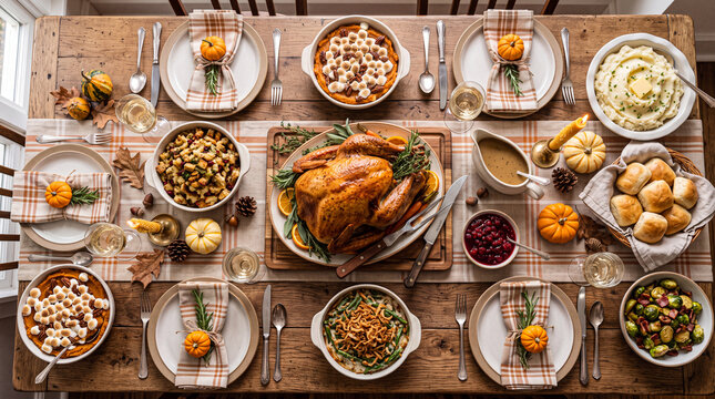 Thanksgiving day dinner table with tasty baked turkey, autumn decor, and festive dishes served on a wooden table in a top view flat lay composition
