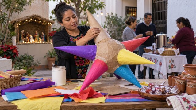 Woman building traditional star pi&ntilde;ata for Las Posadas celebration